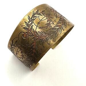 Boho Engraved Brass Wide Cuff Bracelet Hand made in Greece Embossed Jewelry